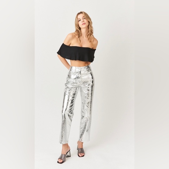 Pants - Lupe High Waist Faux Leather Metallic Textured Pants